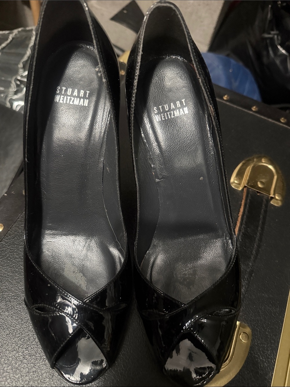 Stuart Weitzman Black Patent Peep-Toe Pumps